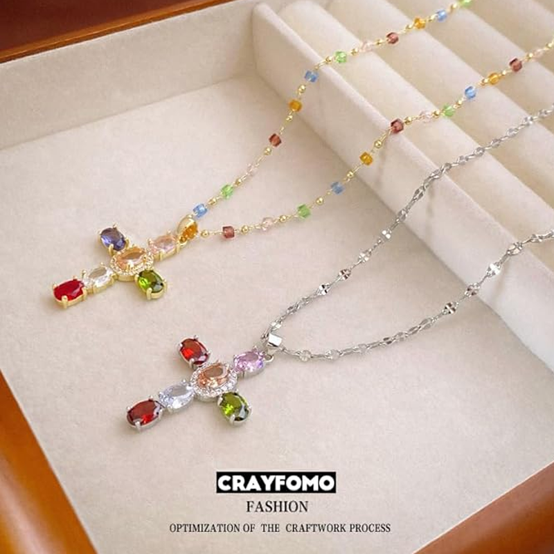 💜 LAST DAY PROMOTION - 50%OFF 💜Colorful Rhinestone Cross Pendant Necklaces
