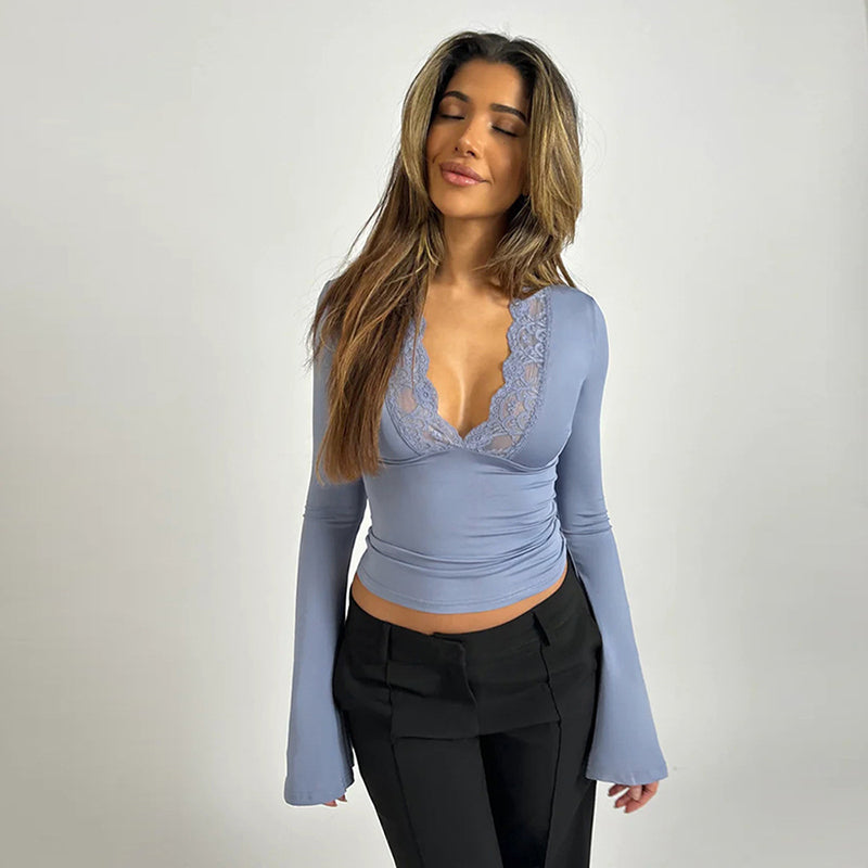 🌷Spring Hot Sale 49% OFF🍃Women’s Elegant Deep V-Neck Lace Trim Flared Sleeve Top