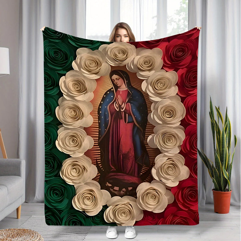 Virgin Mary & Floral Flannel Blanket 🌹 | Soft, Light & Warm