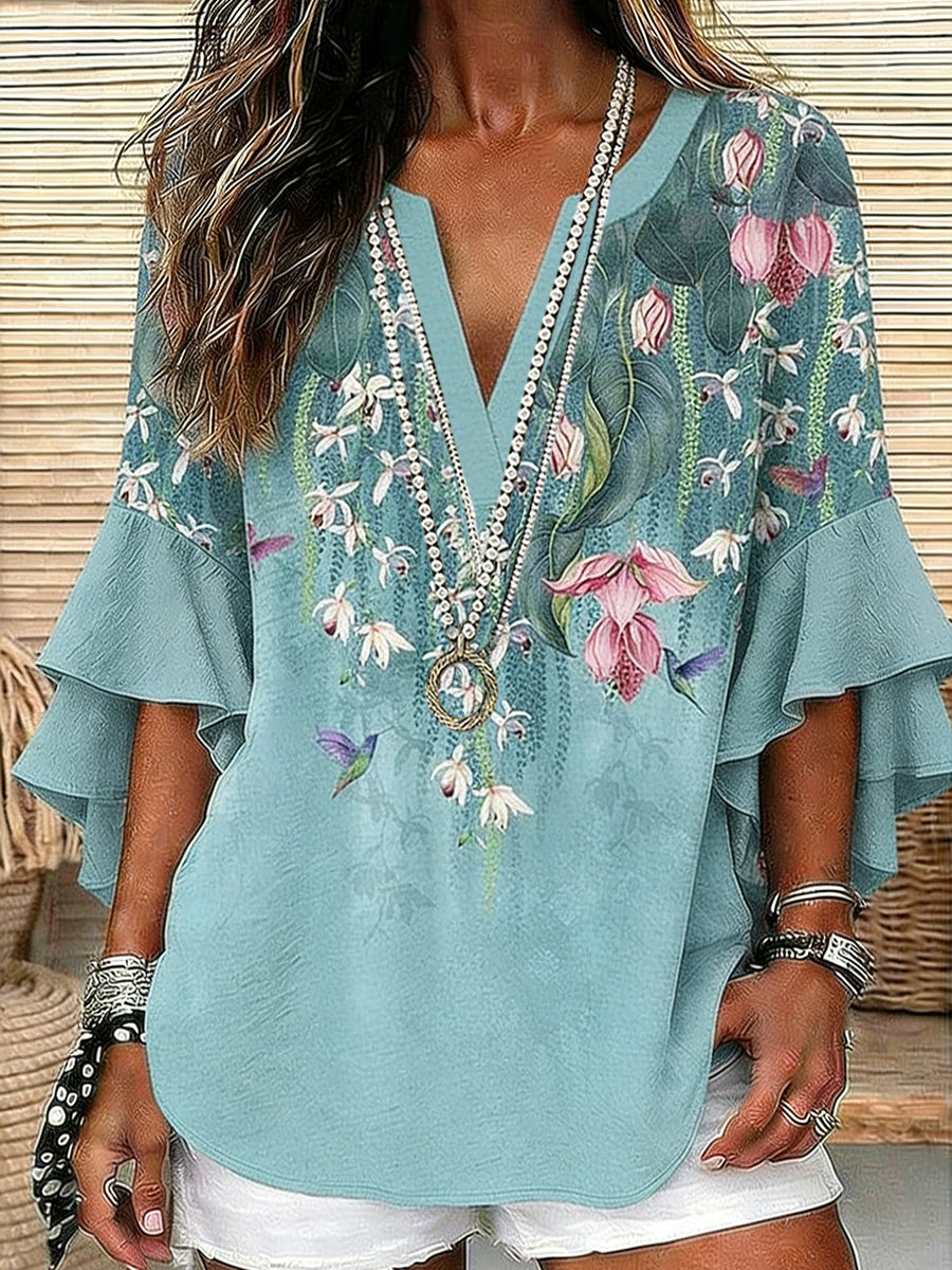 Women's Floral Art Printed V-Neck Casual Linen Shirt