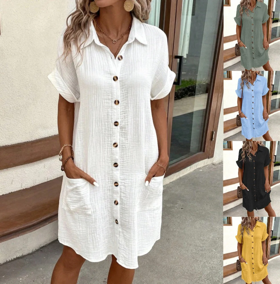 💎56% OFF! 💎 Women's Buttoned Short Sleeve Pocket Shirt Dress – Cotton Blend, Relaxed Fit & Everyday Versatility (M–2XL) 👗🌿