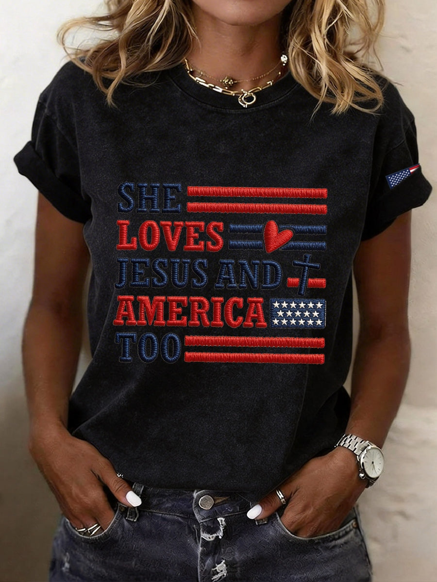 Women's She Loves Jesus And America Embroidery Pattern T-Shirt