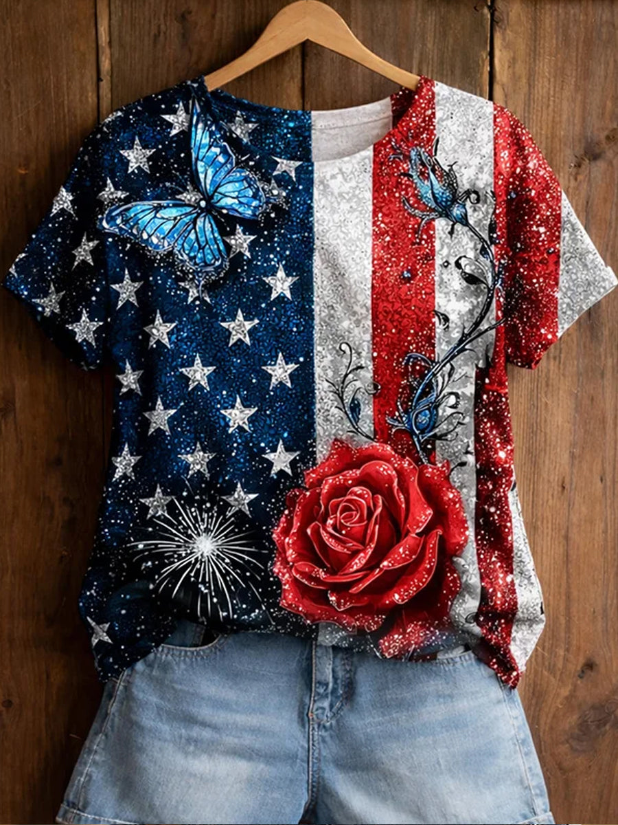 Women's Retro American-Style Floral Patchwork Print T-Shirt