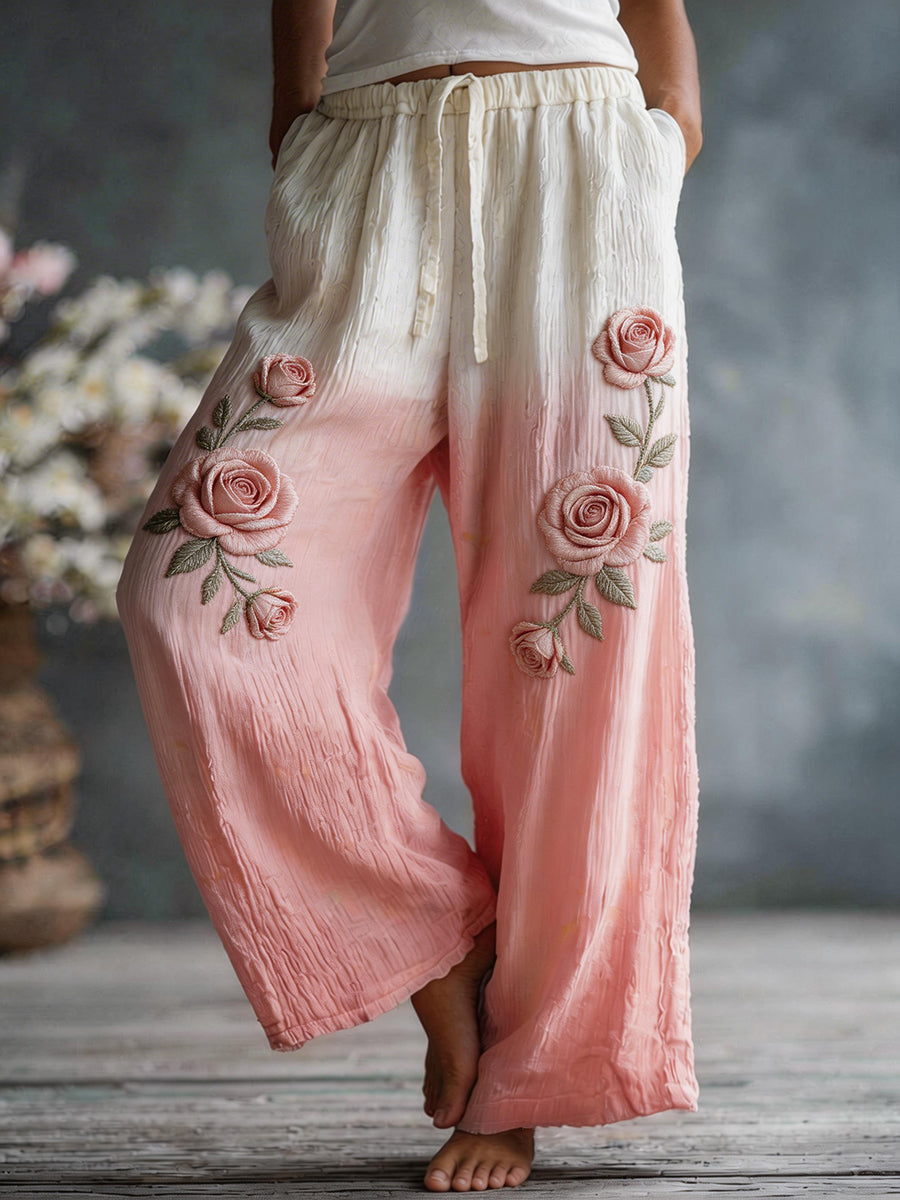 Women's Pink Rose Floral Pattern Linen Blend Pants