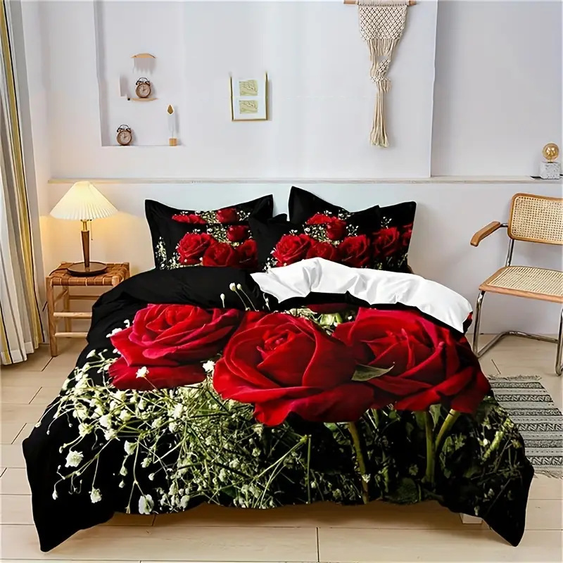 Romantic Red Rose Floral Duvet Cover Set