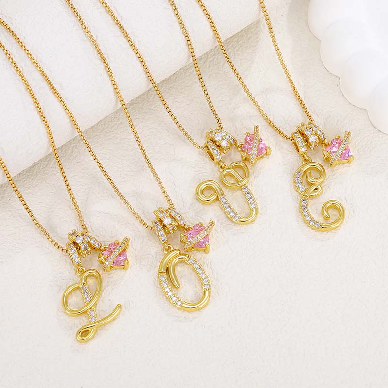 Initial Letter Necklace with Pink Heart Charm
