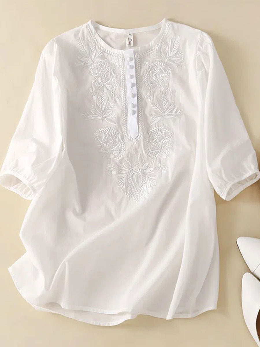 Women's Floral Cotton and Linen T-Shirt