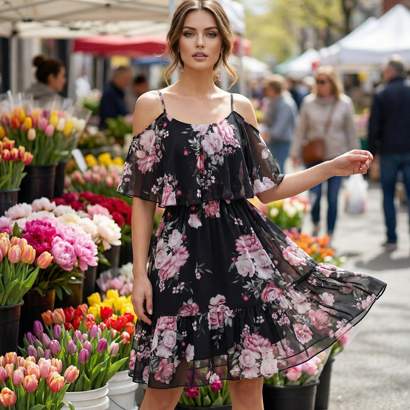 Women's Floral Cold-Shoulder Ruffle Dress