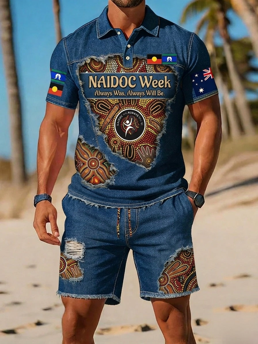 Retro AU Aboriginal Culture Printed Casual Polo & Shorts Set
