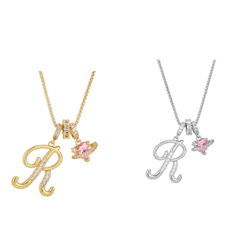 Initial Letter Necklace with Pink Heart Charm