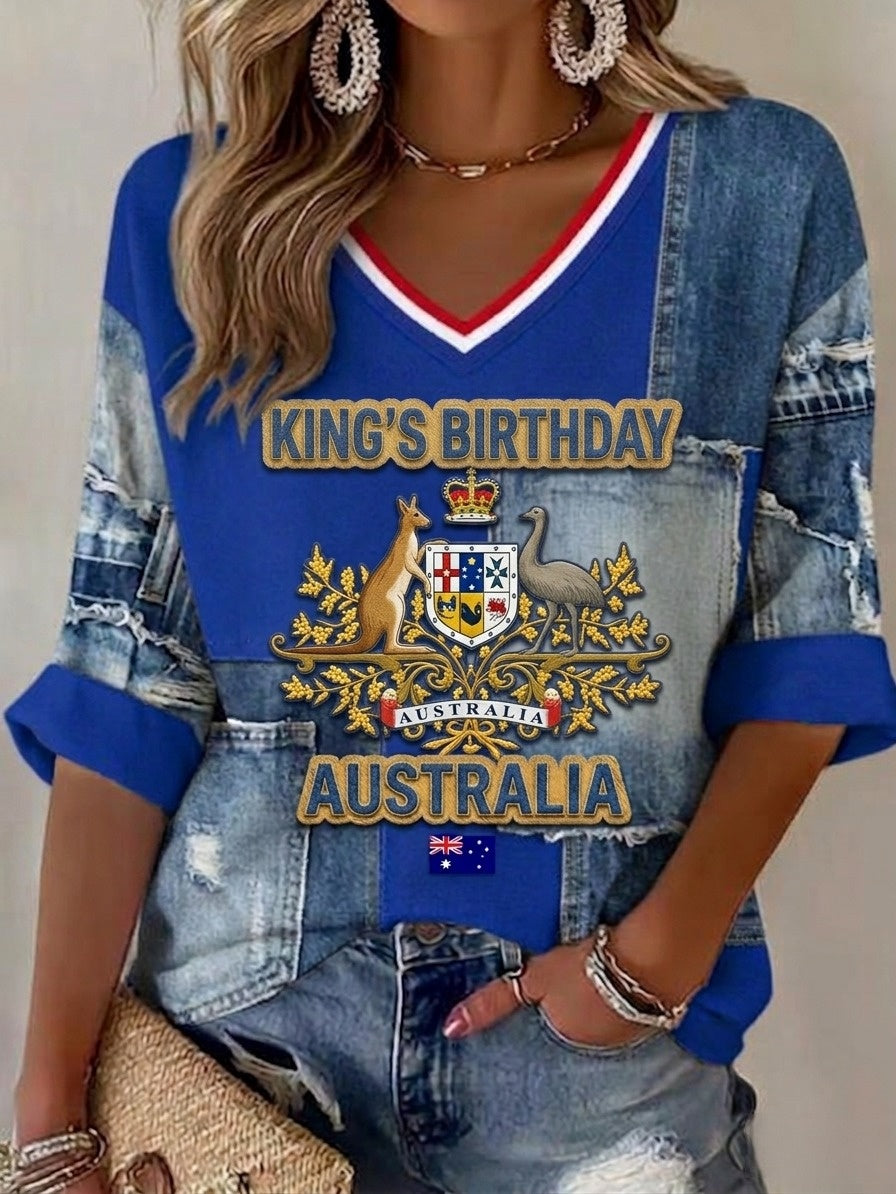 Vintage Australia King's Birthday Print Casual Cotton Waffle Long Sleeve T-Shirt