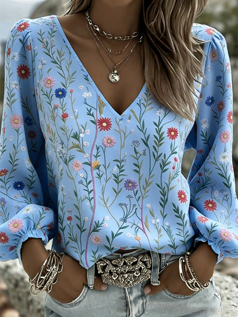 Women's Flower V-neck Cotton And Linen Long T-shirt