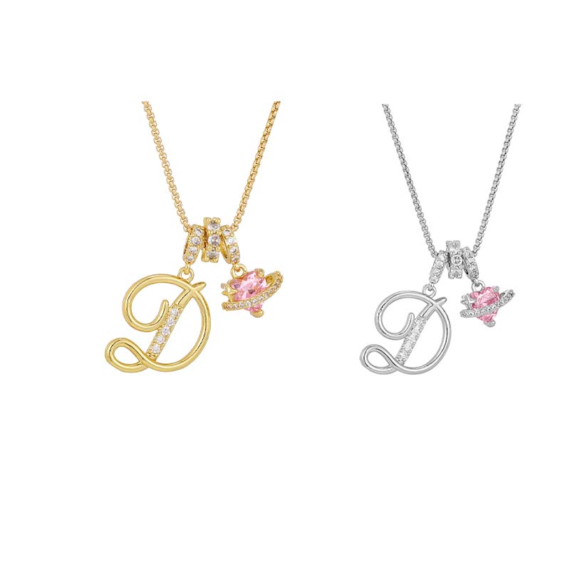 Initial Letter Necklace with Pink Heart Charm