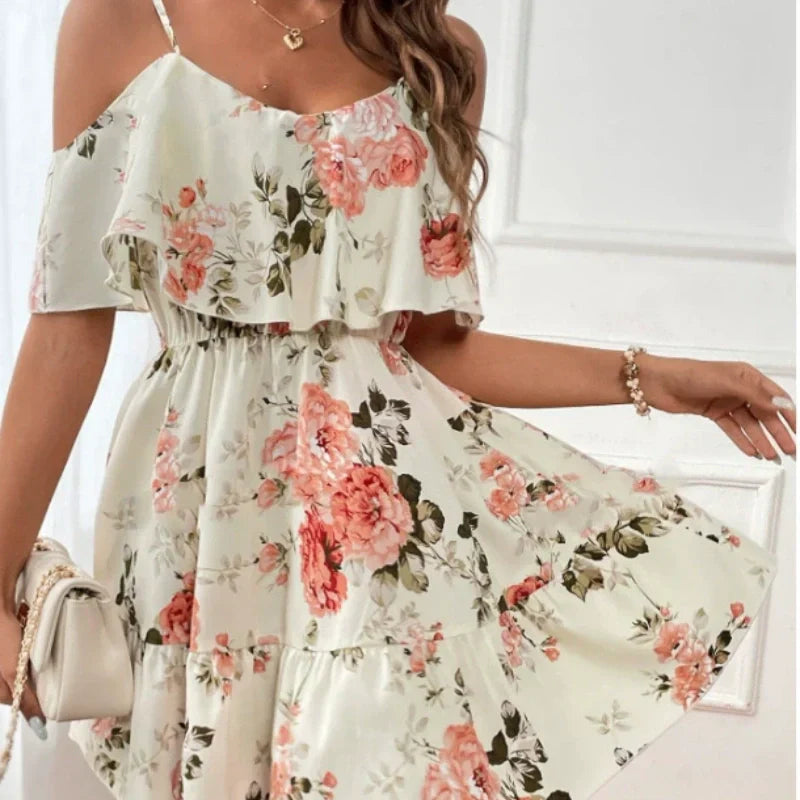 Women's Boho Floral Print Cold Shoulder Dress