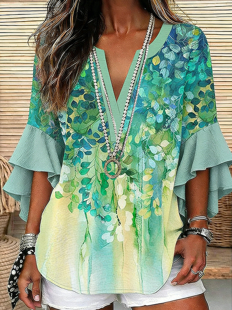 Women's Floral Art Printed V-Neck Casual Linen Shirt