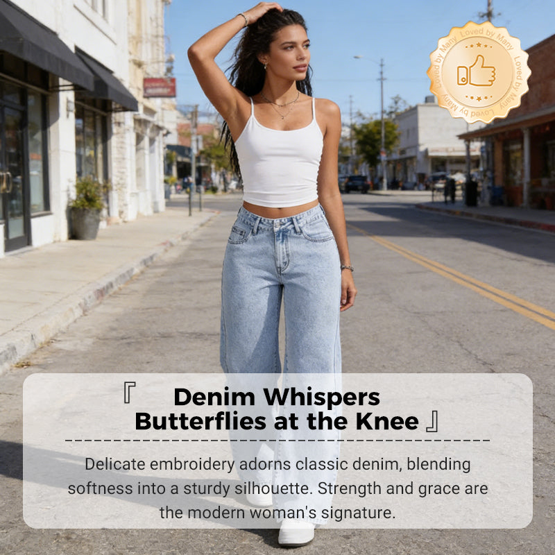 Bow Embroidered High-Waist Straight-Leg Jeans