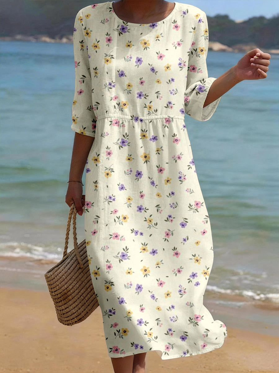 Women's Floral Pattern Linen Blend Dress