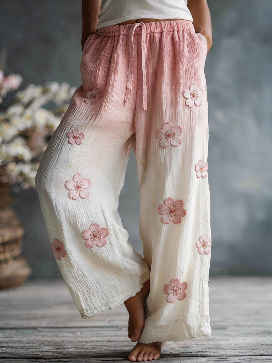 Women's Pink Cherry Blossom Pattern Linen Blend Pants