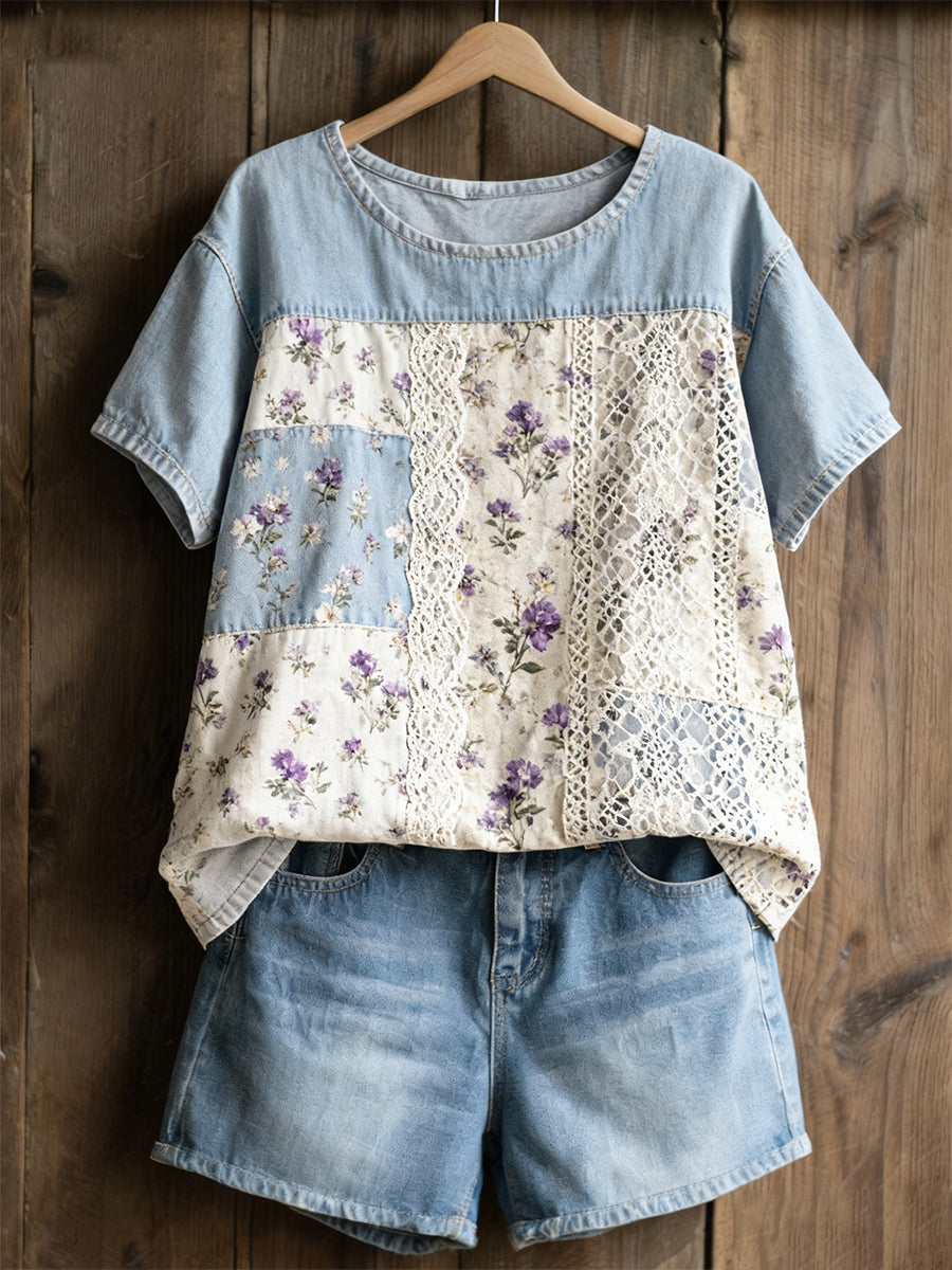 Women's Violet Floral Casual T-Shirt