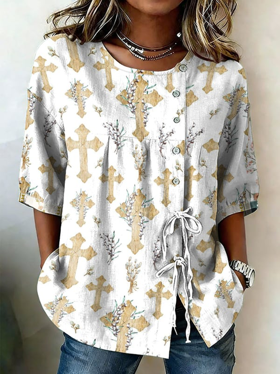 Women's Faith Flower Button Strap Cotton And Linen Shirt