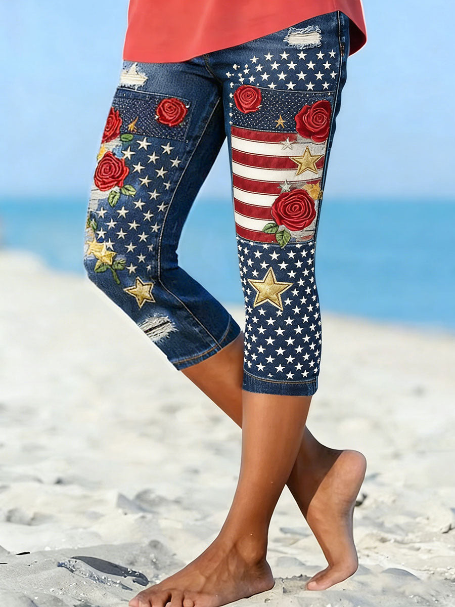 Women's USA Flag Floral Print Leggings