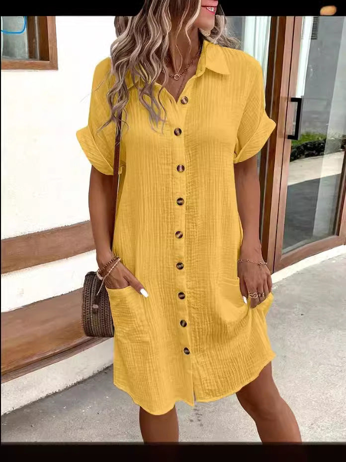 💎56% OFF! 💎 Women's Buttoned Short Sleeve Pocket Shirt Dress – Cotton Blend, Relaxed Fit & Everyday Versatility (M–2XL) 👗🌿