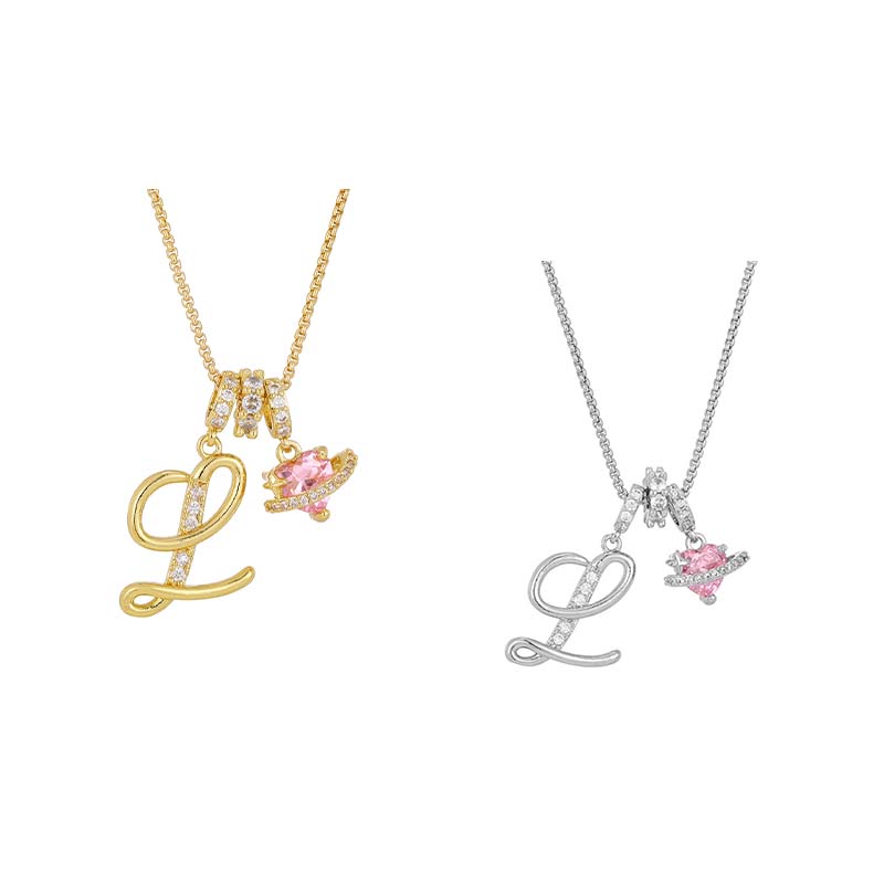 Initial Letter Necklace with Pink Heart Charm