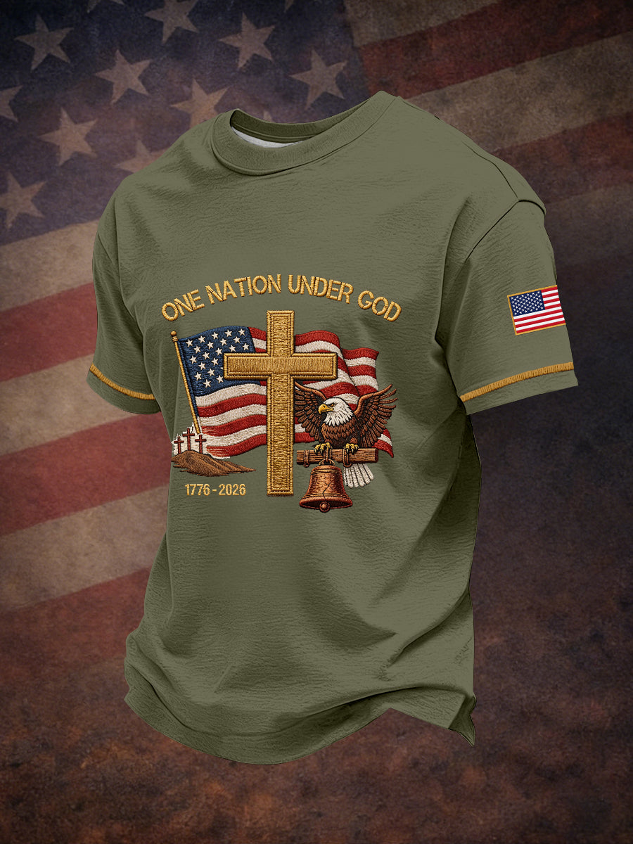 Men's One Nation Under God Embroidery Pattern T-Shirt