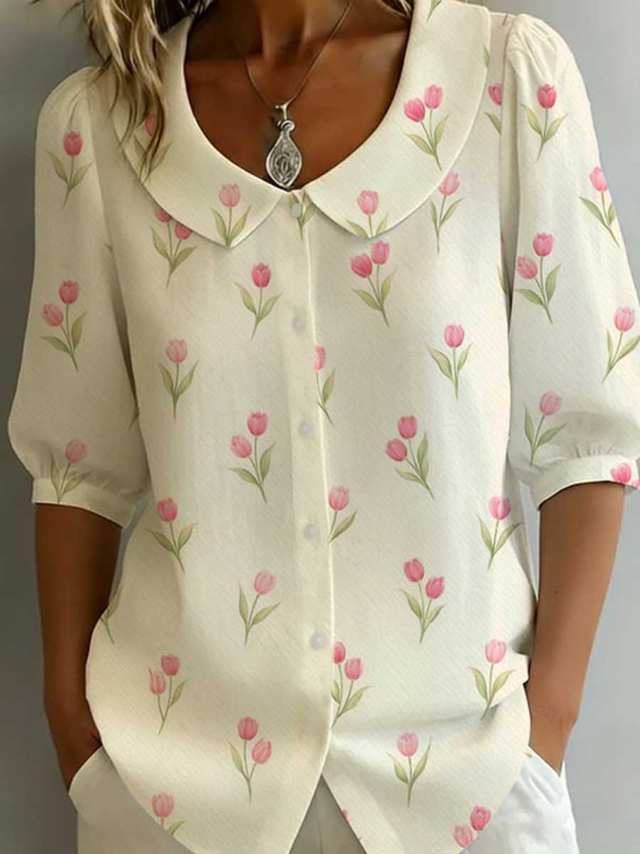 Women's Floral Mid-sleeve Doll-collar Cotton-linen Shirt