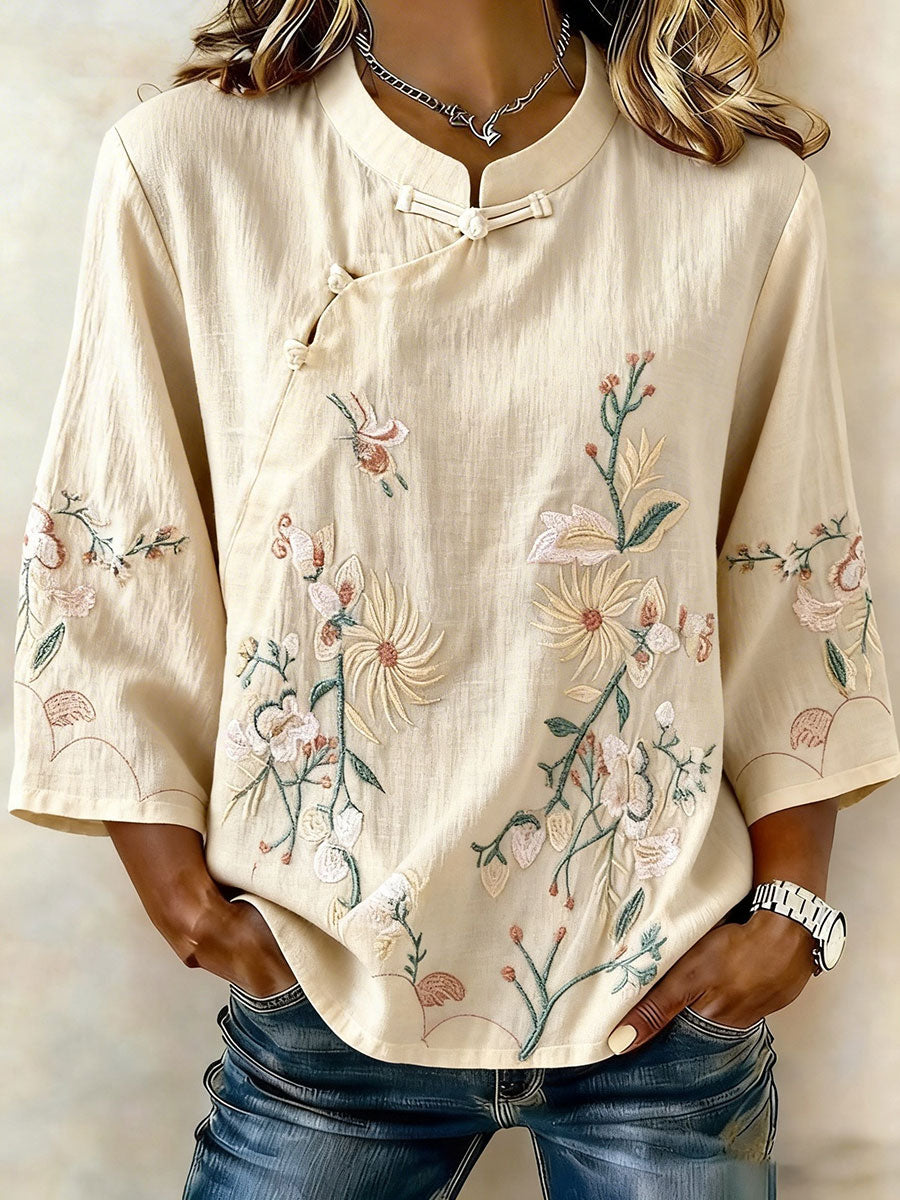 Women's Floral Cotton and Linen T-Shirt