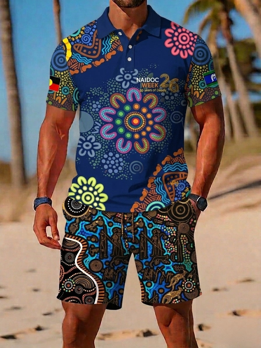 Retro AU Aboriginal Culture Printed Casual Polo & Shorts Set