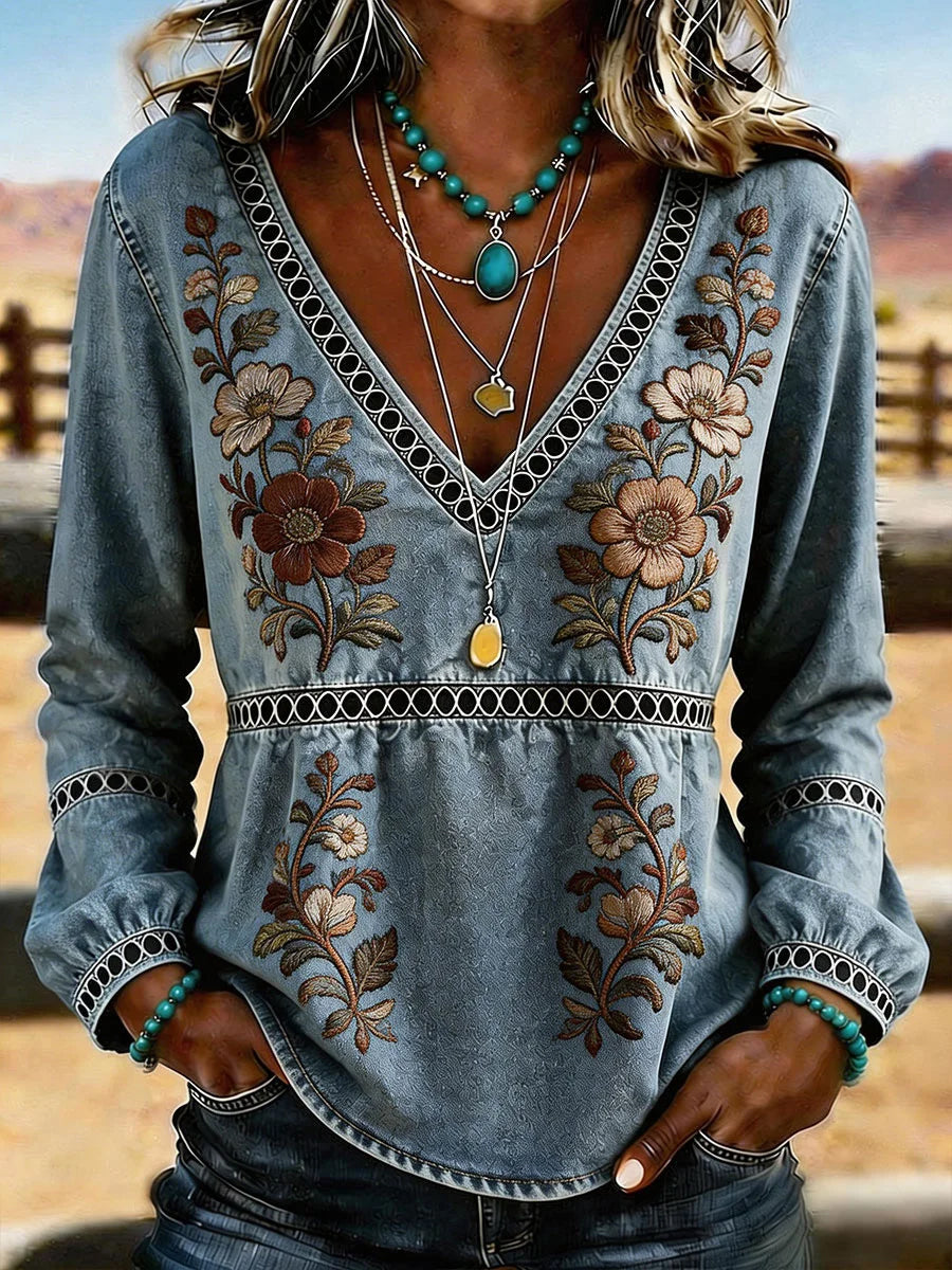 Women's Western Vintage Floral Print Casual V-Neck T-Shirt