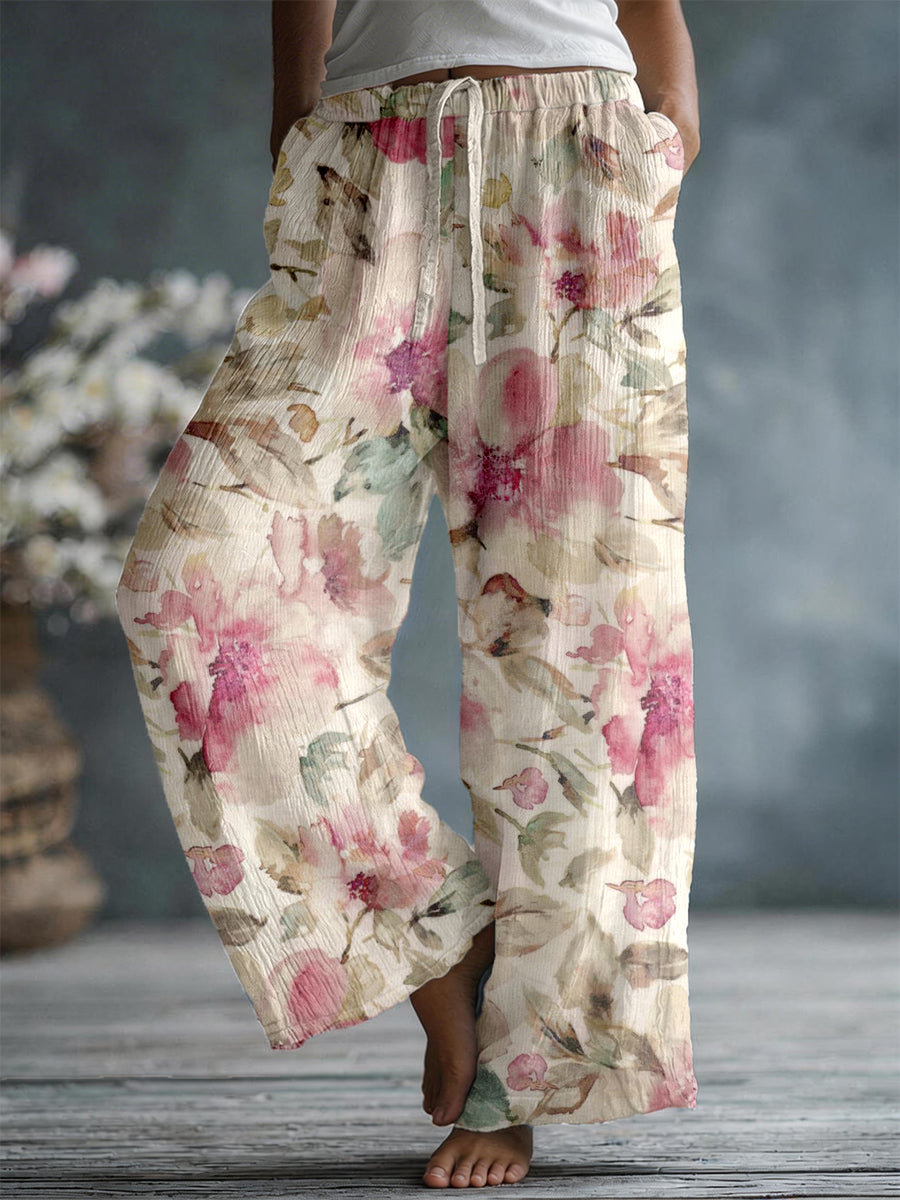 Women's Elegant Floral Pattern Linen Blend Pants