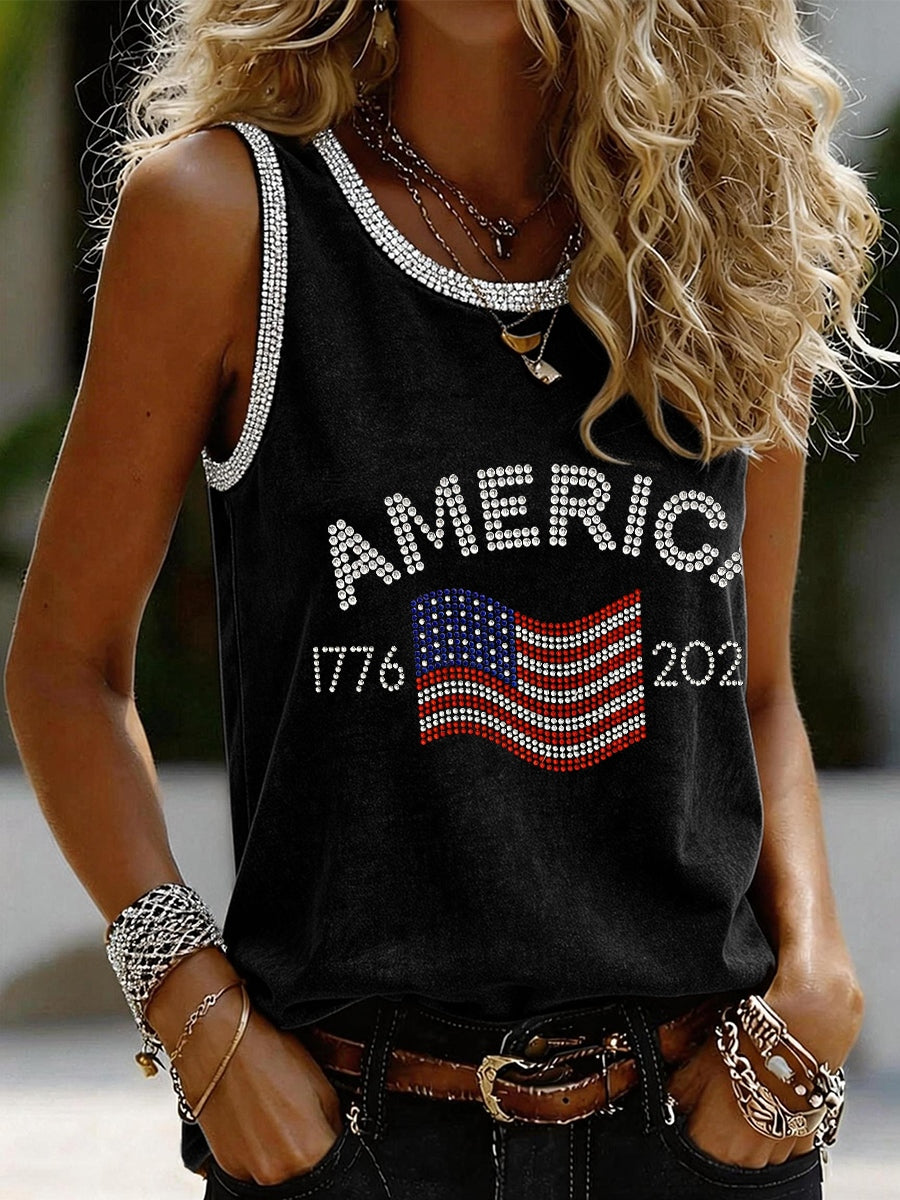 Women's America 1776-2026 Rhinestone Pattern Vintage Tank Top