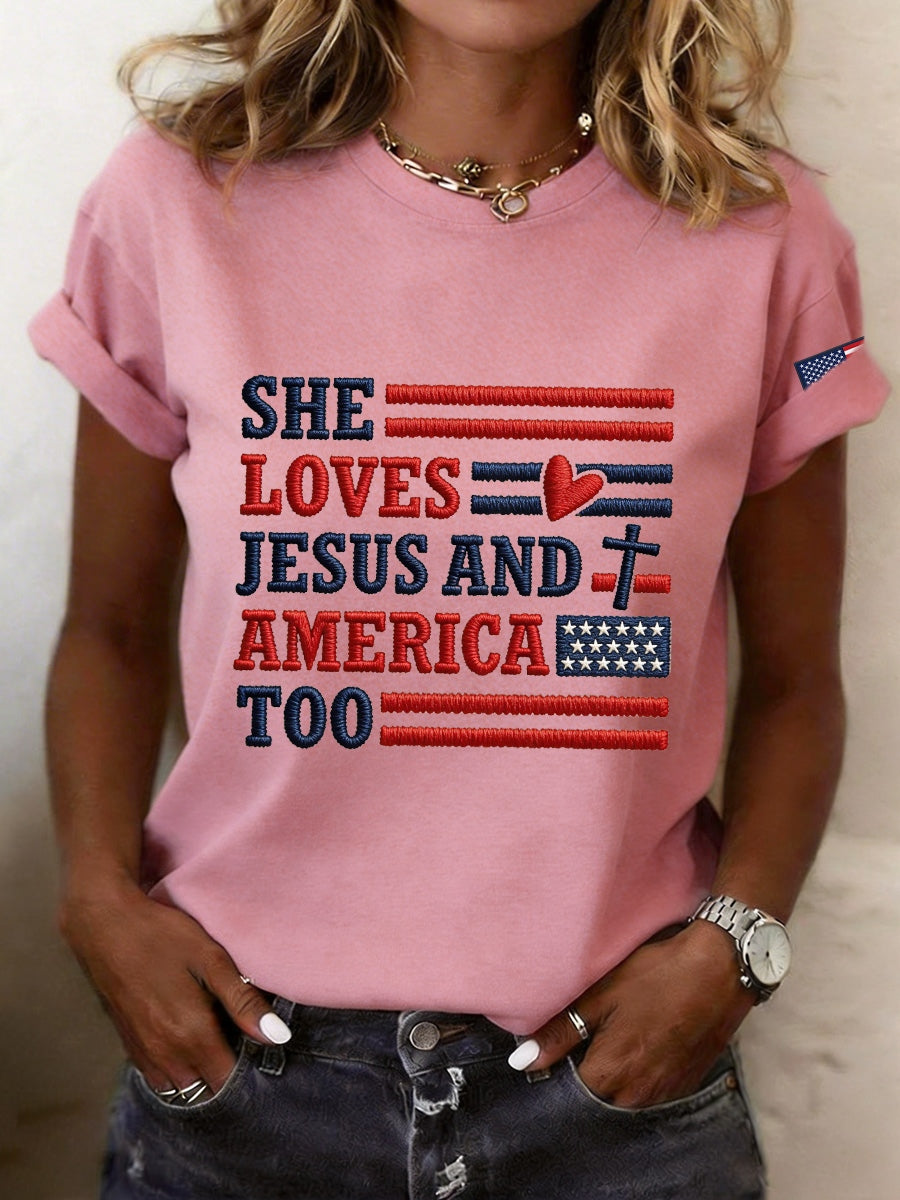 Women's She Loves Jesus And America Embroidery Pattern T-Shirt