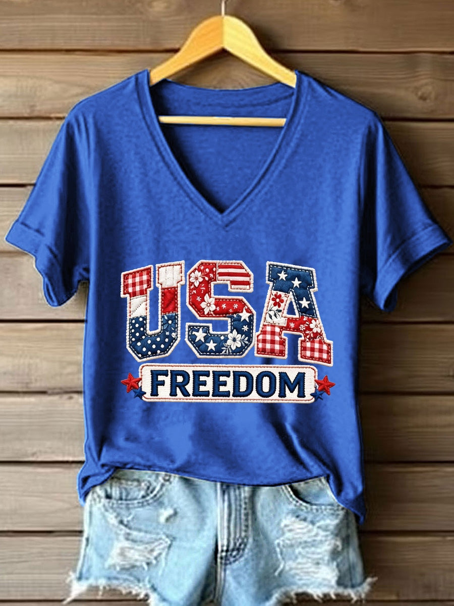 Women's USA Embroidery Pattern V-Neck T-Shirt