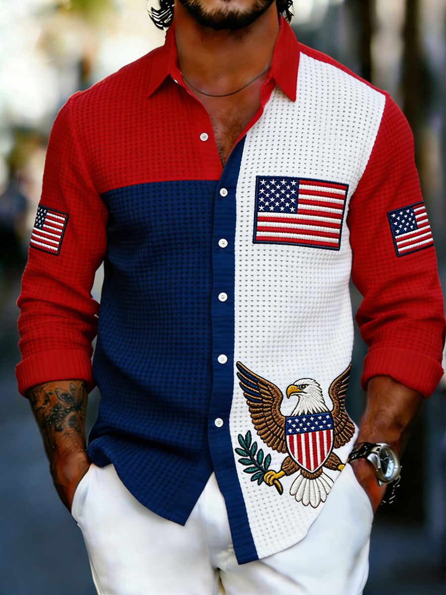 Men's Patriotic Commemorative Print Long-Sleeved Shirt
