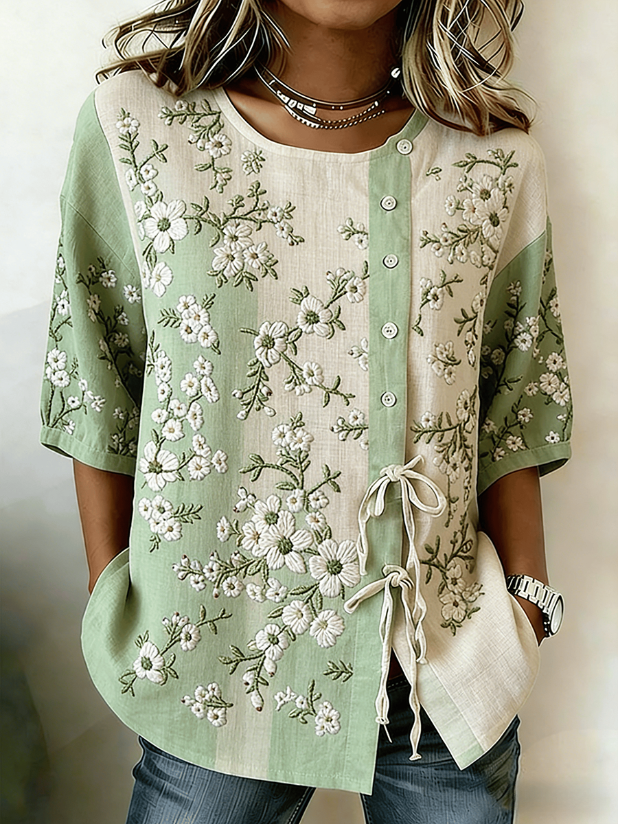 Women's Plant And Flower Buttoned And Laced Cotton And Linen Shirt