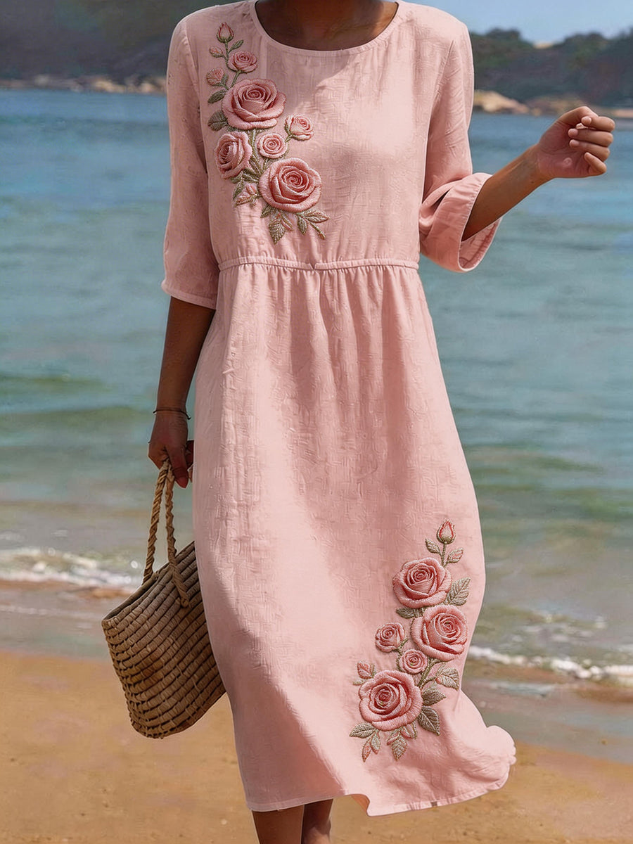 Women's Elegant Rose Embroidery Pattern Linen Blend Dress