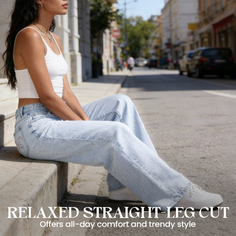 Bow Embroidered High-Waist Straight-Leg Jeans