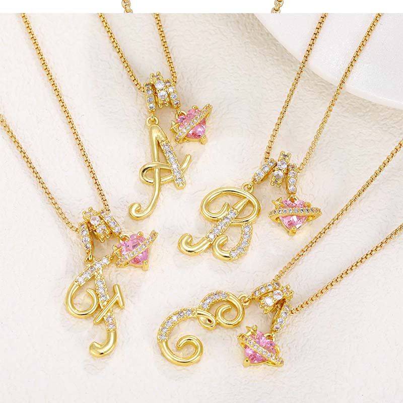 Initial Letter Necklace with Pink Heart Charm