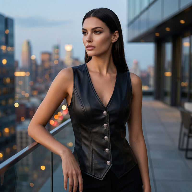 Women’s Leather V-Neck Button-Front Vest