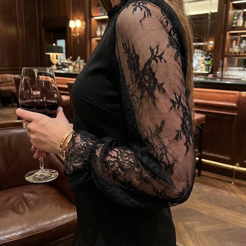 Women's Mock Neck Lace Trim Mini Dress