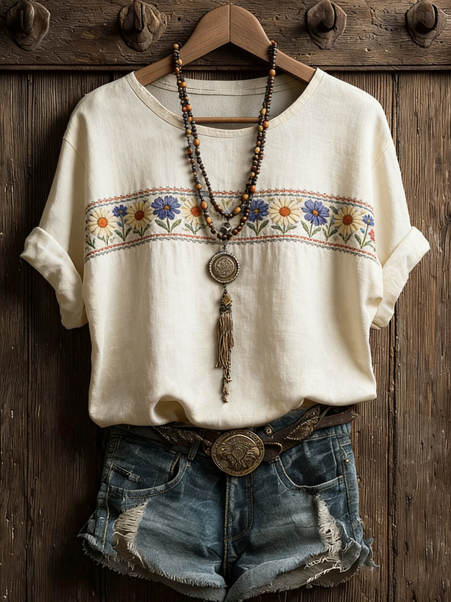 Women's Vintage Western Plants Flowers Print Casual T-Shirt