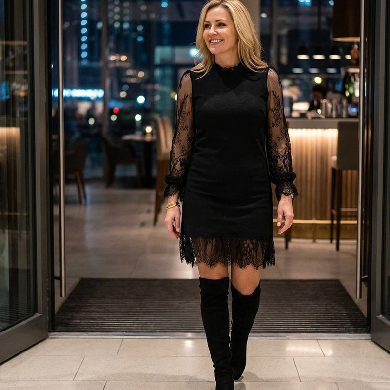 Women's Mock Neck Lace Trim Mini Dress