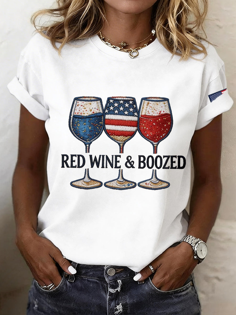 Women's Red Wine & Boozed Embroidery Pattern T-Shirt