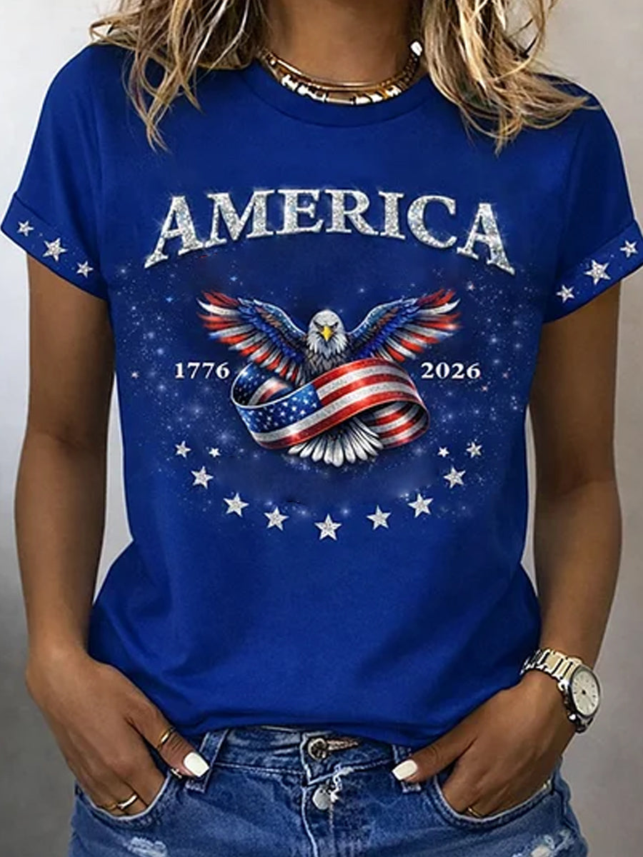 Women's Retro Patriotic Art Commemorative Print Casual T-Shirt