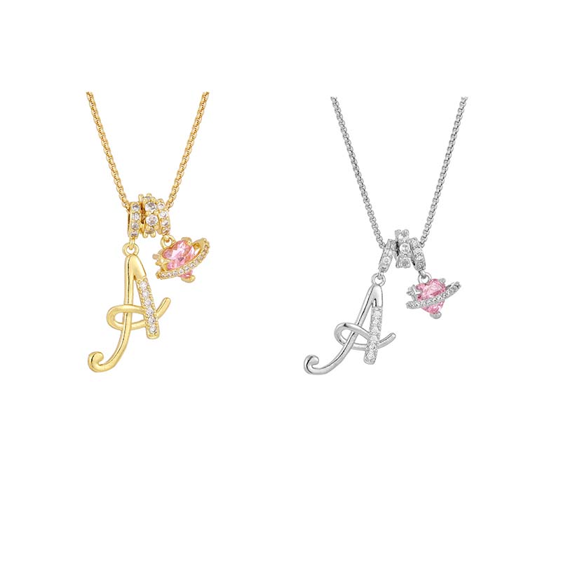Initial Letter Necklace with Pink Heart Charm