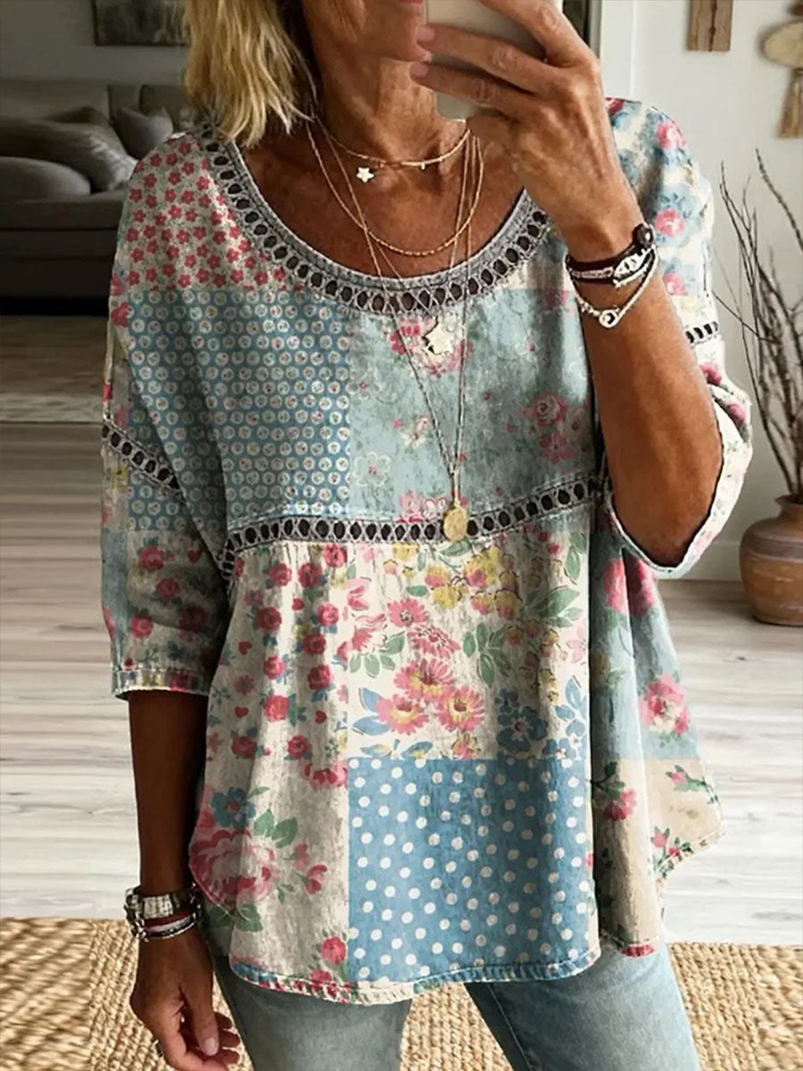 Women's Floral Art Print Cotton Linen Top