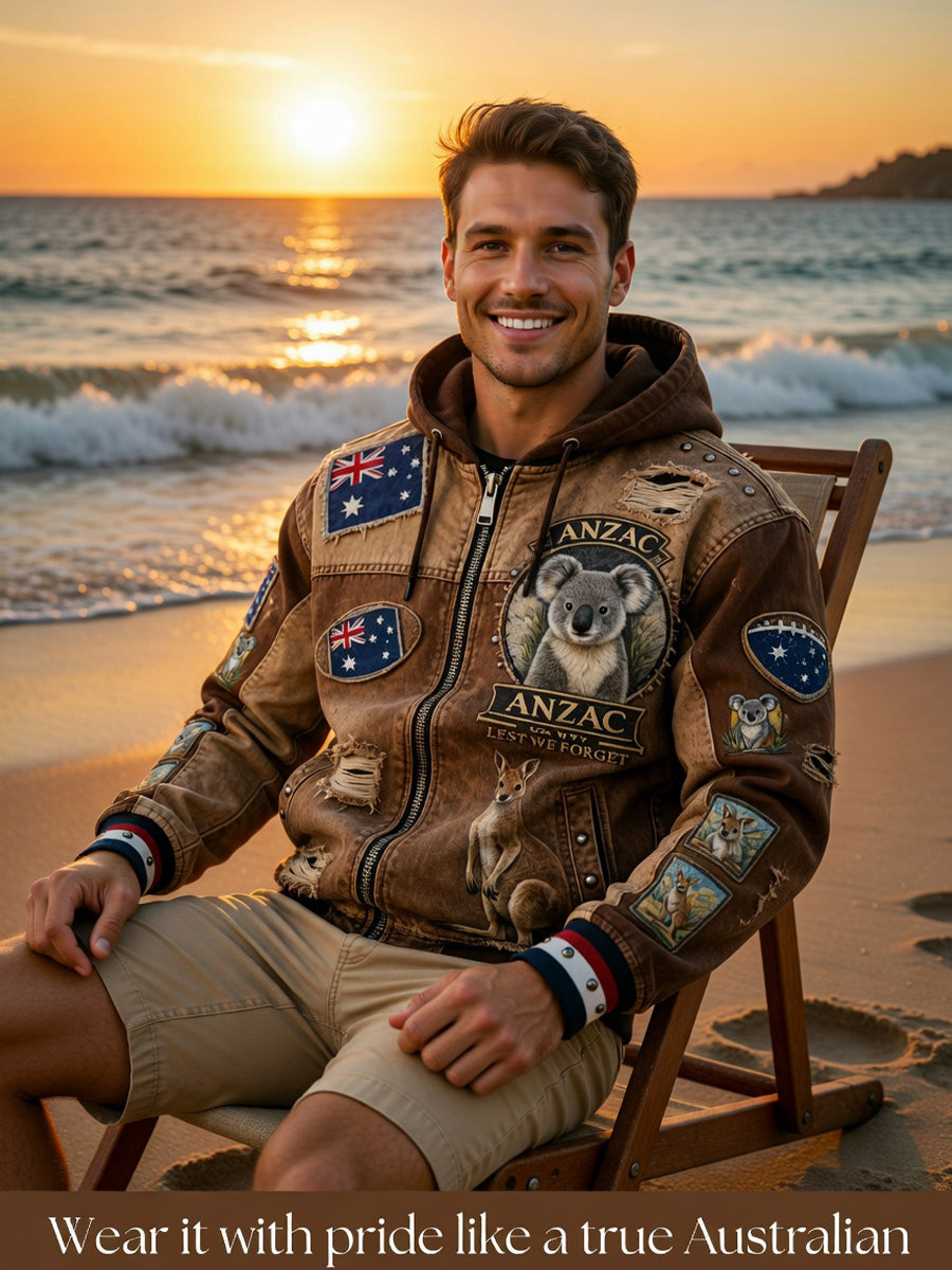 Retro Australian Art Print Casual Hoodie Jacket